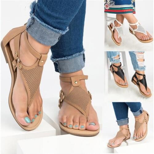 Womens shoes 2019 new Roman toe strap ladies sandals hollow flat sandals back zipper large size shoes