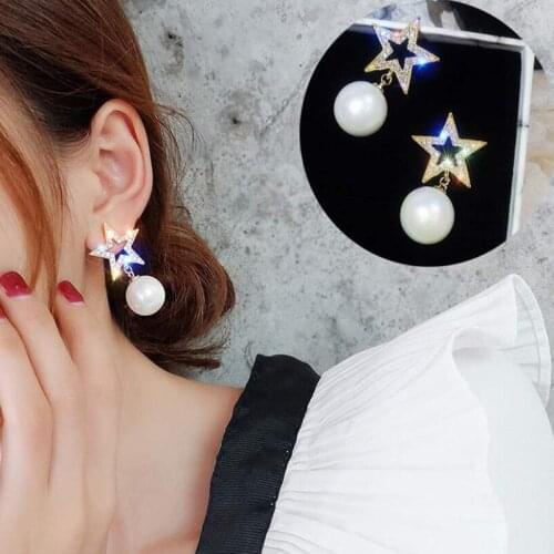 Fashion Popular Pentagram Imitation Pearl Earrings Female Temperament Wild Super Flash Earrings Earrings Ring Party Friends Gift
