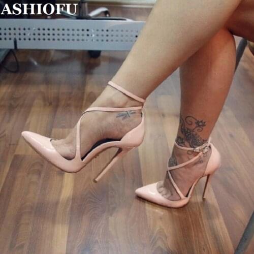 ASHIOFU Handmade Women High Heel Pumps X-straps Wedding Party Prom Shoss Simple Syle Evening Club Fashion Court Shoes