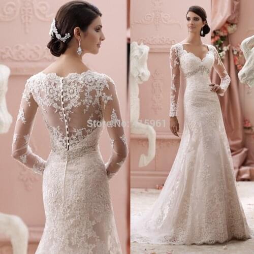 Free shipping 2019 New Arrival hot Long Sleeve Wedding Dresses Lace Mermaid Bridal Gowns Sheer Sweetheart Belt Vestido de Noiva