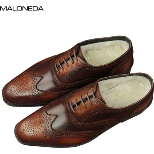MALONEDA Bespoke Winter Keep Warm Genuine Leather Shoes Handmade Goodyear Lace-up Oxfords Brogue Shoes Wear In Cold Weather