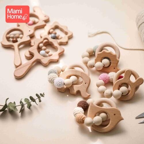 1Set Baby Wooden Rattle Beech Animal Hand Teething Wooden Ring Nursing Bracelet Infant Hand Bells Shaking Early Educational Toys