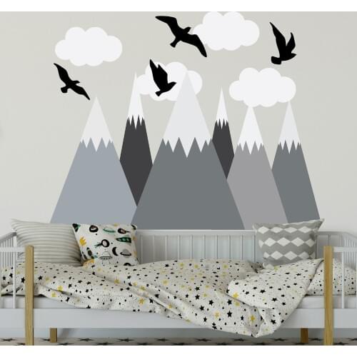 152*122cm Big Size Birds-Clouds Gray Mountains Wall Stickers For Kids Room Nursery Home Decor Beautiful DIY Murals Decals LC1241