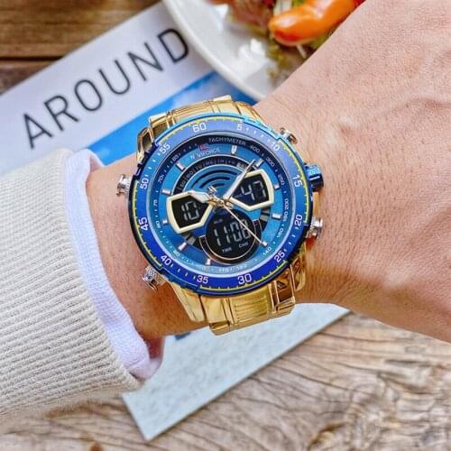 Mens Creative Gold Blue Watches NAVIFORCE Stainless Steel Dual Time LED Display Calander Waterproof Fashion Cool Male Clock