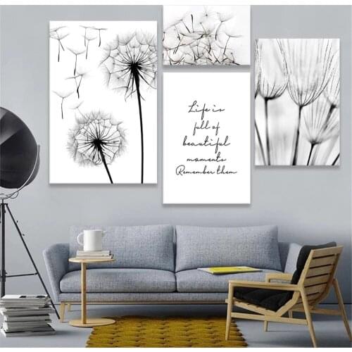 Black White Canvas Painting Dandelion Poster Quotes Art Prints Plant Posters Minimalist Print Nordic Wall Pictures Home Decor