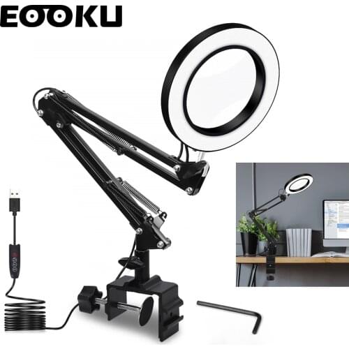 EOOKU Flexible Desk 3 Colors LED Illuminated Table Lamp USB 8W 5X Magnifying Glass Light for Reading/Rework/Soldering