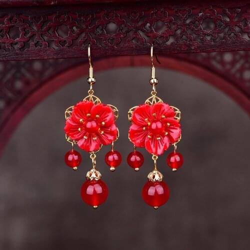Classical Red Chalcedony Vintage Eardrop Exquisite Red Crystal Pendant Earrings Ancient Costume Hanfu Jewelry Accessories