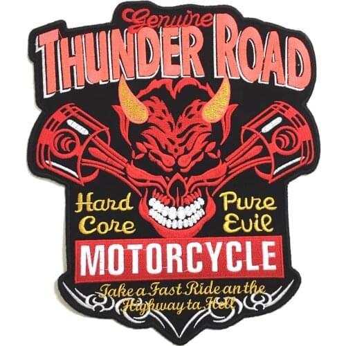 Thunder Road Embroidery Patches Motorcycle Jackets Big Red Skull Appliques Large Size Biker Clothing Jackets Sewing MC Vest DIY