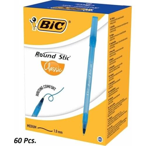 BiC Round Stic Medium Ballpoint Pen Blue 60 Pcs Box 1.0mm Pen-Point Stationery School Office Writing Supplies