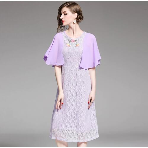 New Summer Chiffon Cloak Sleeves Patchwork Hollow Out Lace Dress Women Elegant Flower Embroidery Dress Female Dress k9386