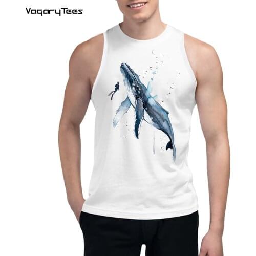 New Fashion Tank tops Original Watercolour Painting Scuba Diving with Humpback Whale print male Waistcoat casual Streetwear Vest