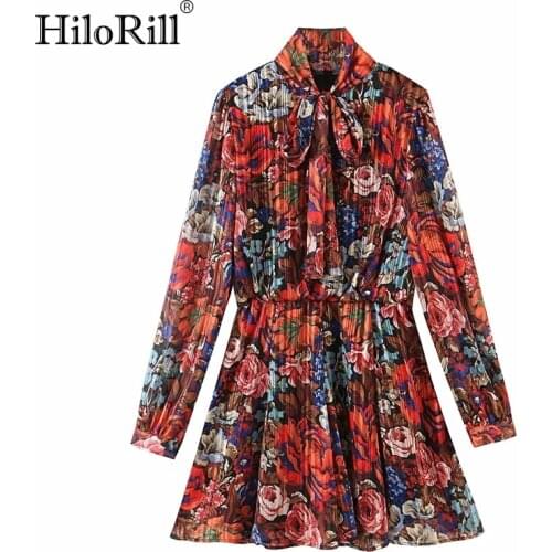 HiloRill Women Boho Print Pleated Dress Bow Neck Elegant Mini Dress Long Sleeve Beach Chiffon Dress Lady Sundress Autumn Summer