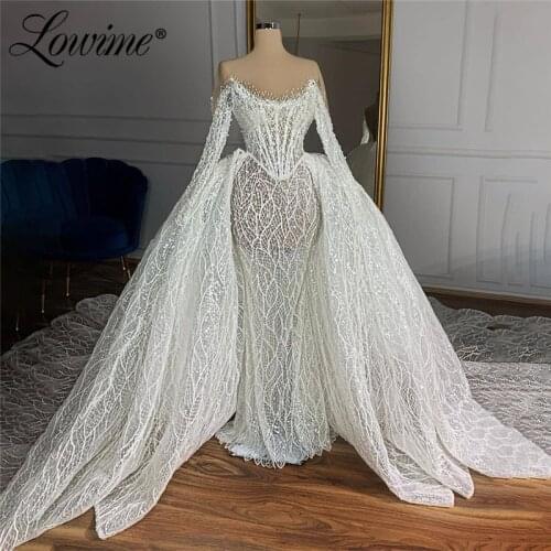 Luxury Muslim Pearls Beading Wedding Dresses Handmade Beaded Dubai Bridal Gowns Illusion Shoulder Long Train Bride Dresses 2020