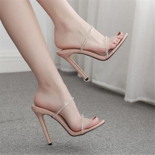 Women sandals PVC Slip On 11cm Thin Heels High heels Round Toe Shallow women shoes sandalias mujer 2020 women shoes