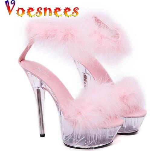 Female Sandals Women Platform Model T Stage Shows 2019 Summer Shoes Sexy High Heels 15cm Shoes Feathers Bride Wedding Shoes