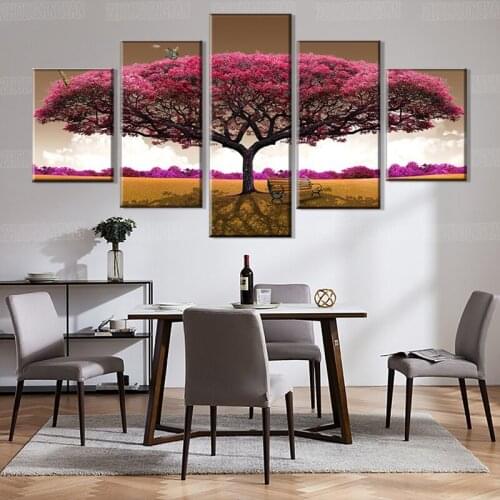 Modern Artwork Wall Decorative One Set 5 Pieces Park Landscape Pink Tree Poster Modular Framework Canvas Printing Type Painting