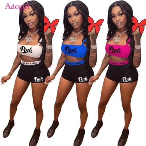 Adogirl Lucky Label Letters Print Camis Shorts Two Piece Set Women Tracksuit Cropped Vest Top Pants Summer Casual Sports Suit