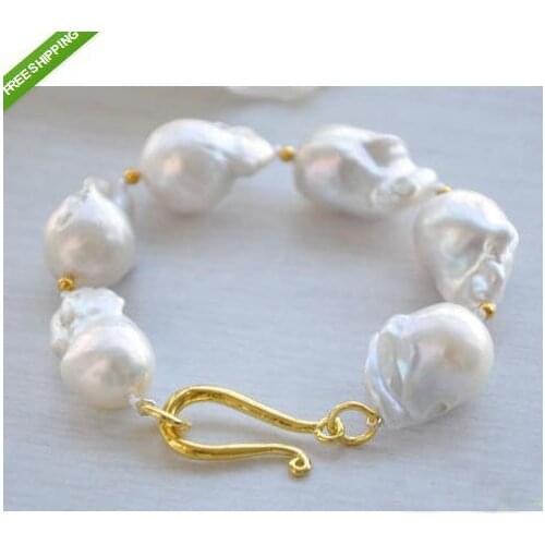 Unique Pearl Bracelet Handmade Real Huge Size 19mm-25mm White Baroque Keshi Reborn Pearl Bracelet Gold Color Clasp Woman Gift