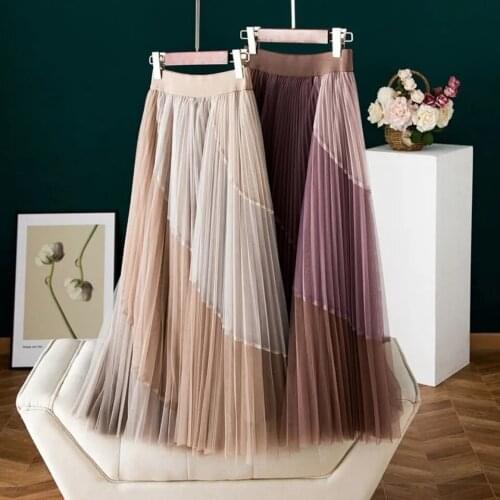 High Waist Pleated Mesh Skirt Women Spring Summer 2021 New Korean Style Design Irregular Large Length Mid Length A Line Skirt