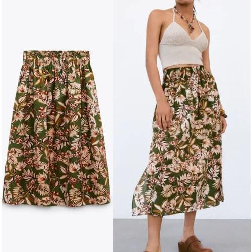 ZA 2021 Floral Print High Waist Summer Skirt Women Elastic Waist Green Midi Skirts Chic Side Slits Woman Vintage Pleated Skirt