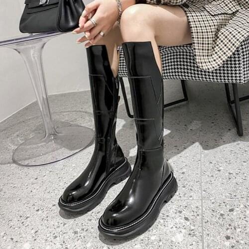 Women Genuine Leather Platform Boots Thick Bottom Round Toe Long Boots Zipper Ladies Retro Botas 2021 Antumn Winter Short Boots