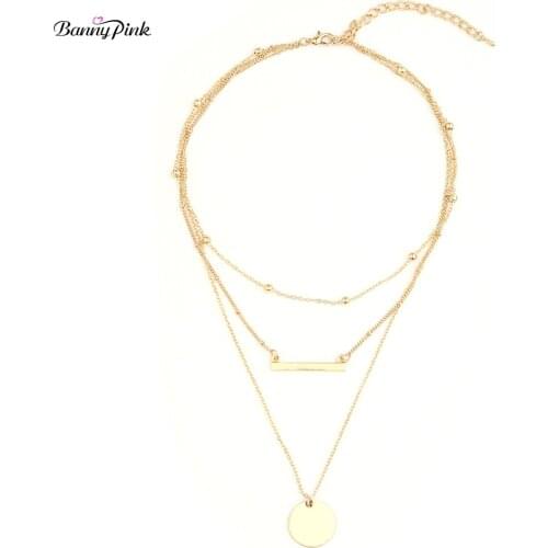 Banny Pink Brief Stick Bar Disc Pendant Choker Necklace For Women New Layer Metal Chain Choker Collar Dangle Necklaces Colliers