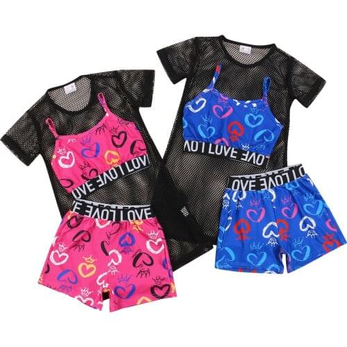 New Infant Toddler Newborn Baby Girls Clothes Set Short Sleeve Mesh T Shirt Print Crop Tank Tops and Shorts Clothes Set 3Pcs