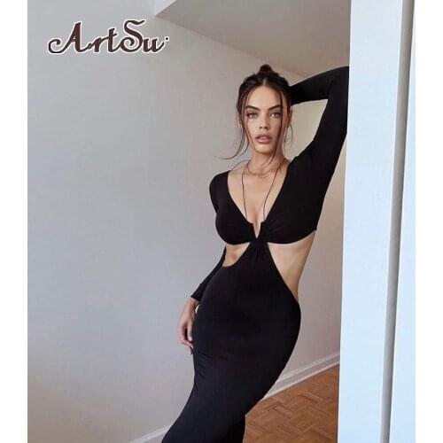 Artsu Autumn Long Sleeve Halter Dres Sexy Cut Out Black Maxi Dresses Slim Fashion Outfits Split Long Dresses Skinny Clothes