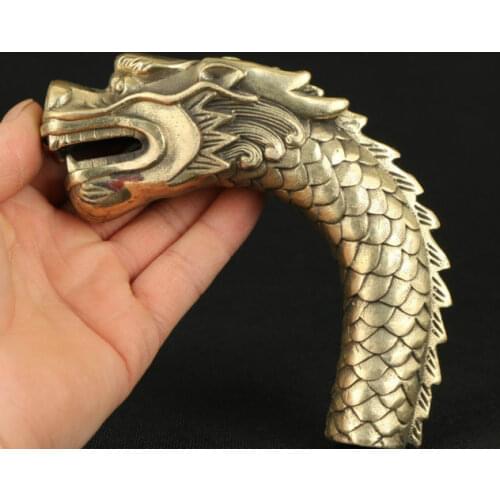 ASIAN CHINESE OLD COPPER HAND CARVED FEROCITY DRAGON STATUE WALKING STICK HEAD