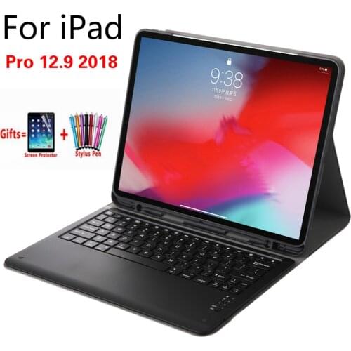 Removeable Wireless Bluetooth Keyboard case For iPad Pro 12.9 2018 Slim Smart Stand Leather Case Cover With Pencil Holder + Flim
