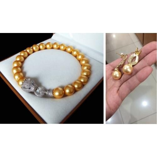 Lady" 16mm yellow shell pearls 18inch leopard necklace and 12 mm yellow shell pear earrings sets