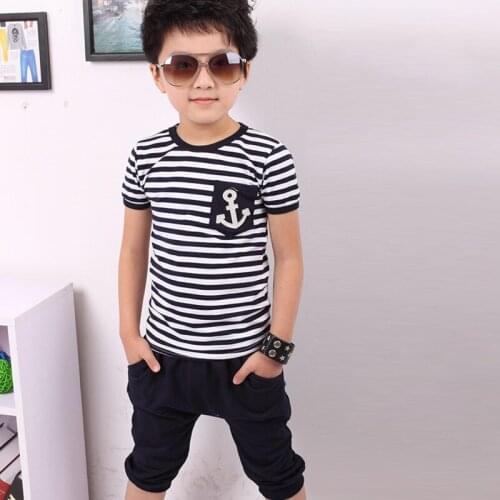 Boys Navy Striped Short Sleeve T-shirts Toddler Baby Girls Clothes Summer Children Clothing Sets Kids Tracksuit Tops+Pants Suits