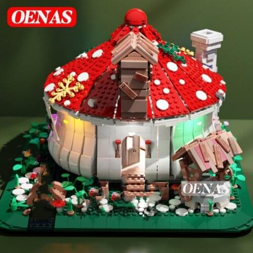 MOC City With Lighting Mushroom House Street View Architecture Model Building Block Model Toys For Boys Children Birthday Gift