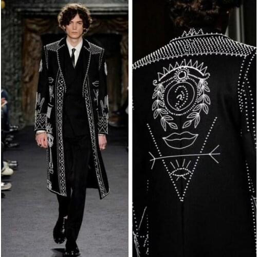 Hot Sell Heavy Industry Pearl Black Woolen Long Coat Tide Trench Men 's Party Performance Clothes Singer Stage Costumes S-5xl