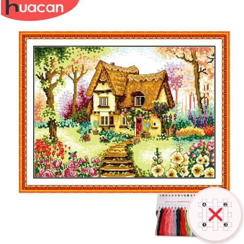 HUACAN Cross Stitch House Scenery Kit Needlework Embroidery Landscape Sets White Canvas DIY Gift Home Decoration 11CT 14CT