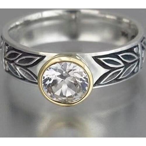 Milangirl Vintage Ladies Anniversary Ring for Women Retro Leaves Pattern Engraved Dazzling Cubic Zircon Rhinestone Finger Rings