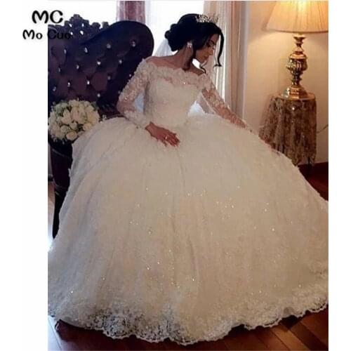 Lace Off Shoulder Wedding Dresses Long Sleeves Ball Gowns Robe de mariage Lace Up Back vestido de noiva Bridal Gowns