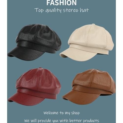 Fashion Women PU Leather Octagonal Caps Newsboy Cap Vintage Bonnet Beret Style Retro Leather Hat Cowboy