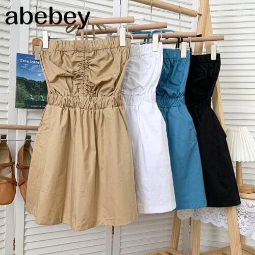 Fashion slash neck sleeveless off shoulder Dress high waist pleated solid short drawstring Halter Dress 2021 New Summer