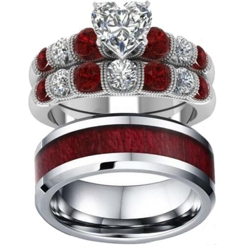 Carofeez Fashion Jewelry Lovers Rings Womens Zircon Heart Ring Sets Mens Stainless Steel Wedding Band Engagement Couple Ring