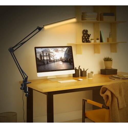 EOOKU Table Lamp Metal Folding Long Arm Desk Light Non-Slip Desktop Clip 3-Color 10-Level Dimming For Reading/Daily Lighting