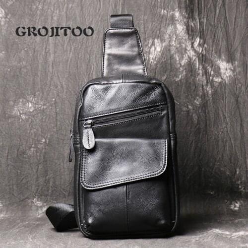 GROJITOO New mens leather chest bag large capacity mens shoulder bag top layer leather fashion leisure messenger bag for man