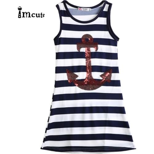 2019 New Hot Pop Toddlers Girls Sequins Anchor Beach Party Dress Stripes Maxi Sundress
