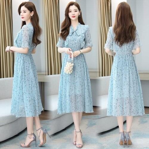 New Bow Tie Collar Ruffled Printed Chiffon Dress Slim Plus Size Summer Dresses Mid Long Female Bohemian Beach Dress Vestidos