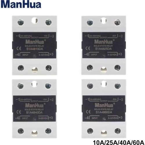 ManHua SSR DC-AC 10DA/25DA/40DA/60DA Single phase Solid state relay Input 3-32VDC Output 24-480VAC