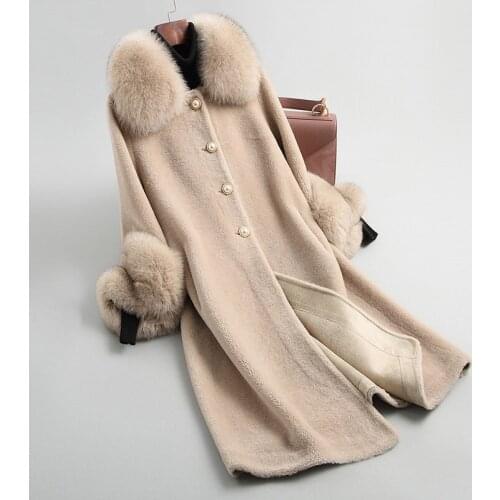 Korean Simple 100% Genuine Wool Fur Coat Fox Fur Collar Female Jacket Autumn Winter 2021 Womens Coats Vetement Femme Zjt1987