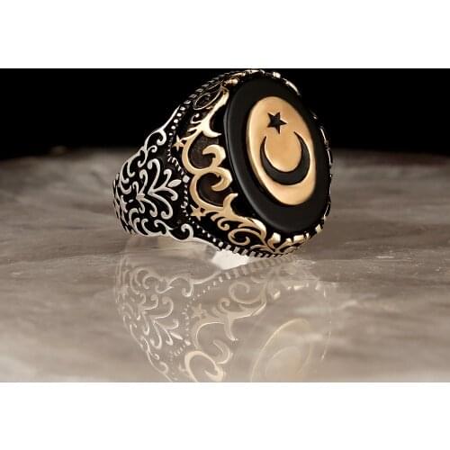 Crescent Onyx Gemstone 925 Sterling Mens Silver Ring