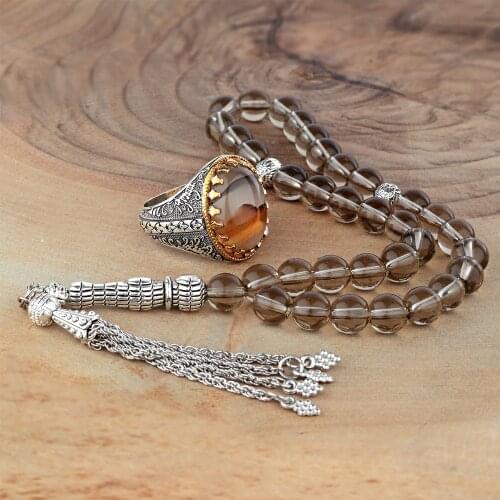 Glass Quartz 925 Sterling Silver Ring and Rosary Mens Jewelry Set