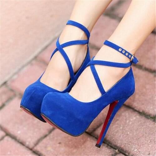 Women pumps Flock Buckle Strap 11CM Thin Heels High heels Round Toe waterproof Shallow zapatos de mujer women shoes size 35-42