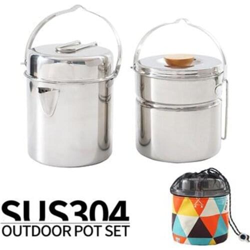 Outdoor 304 stainless steel portable pot camping cookware picnic barbecue mountaineering with steaming pan
